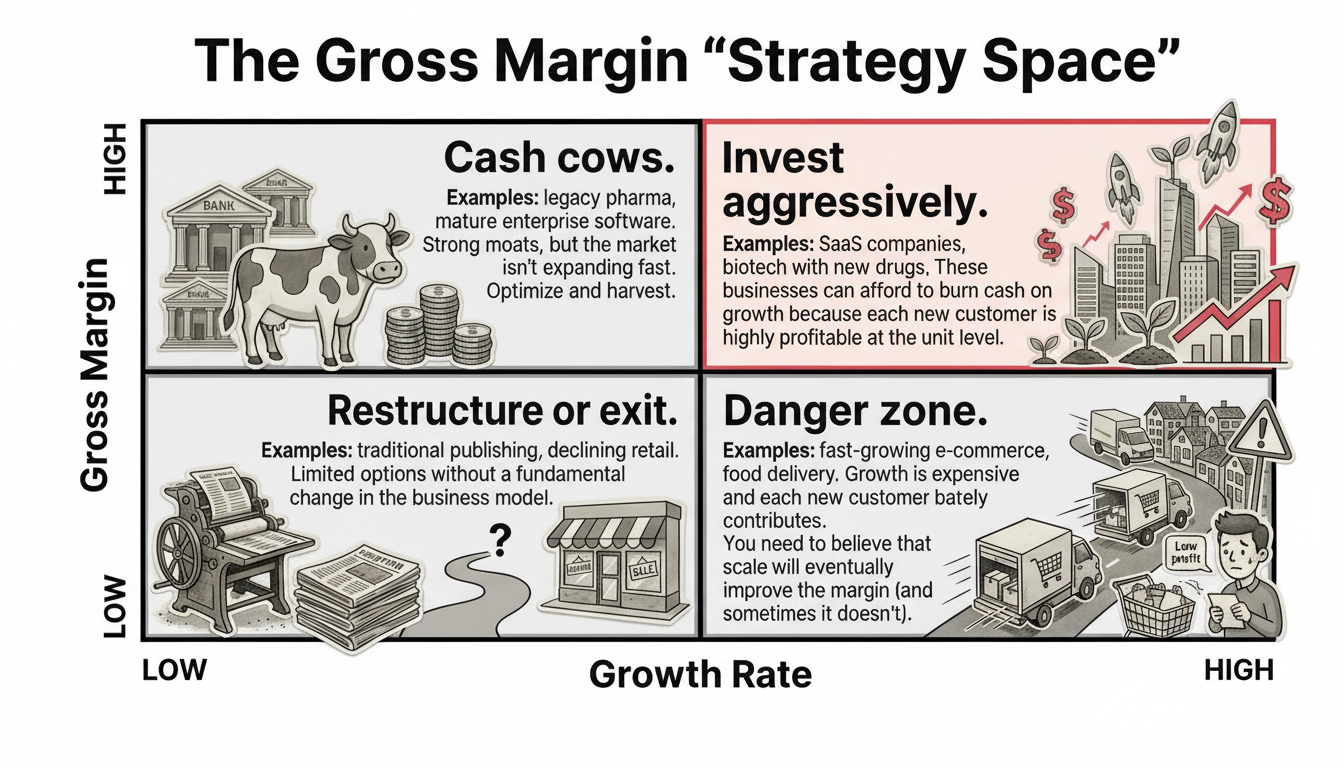The Gross Margin Strategy Space showing how different margin levels correspond to different strategic approaches