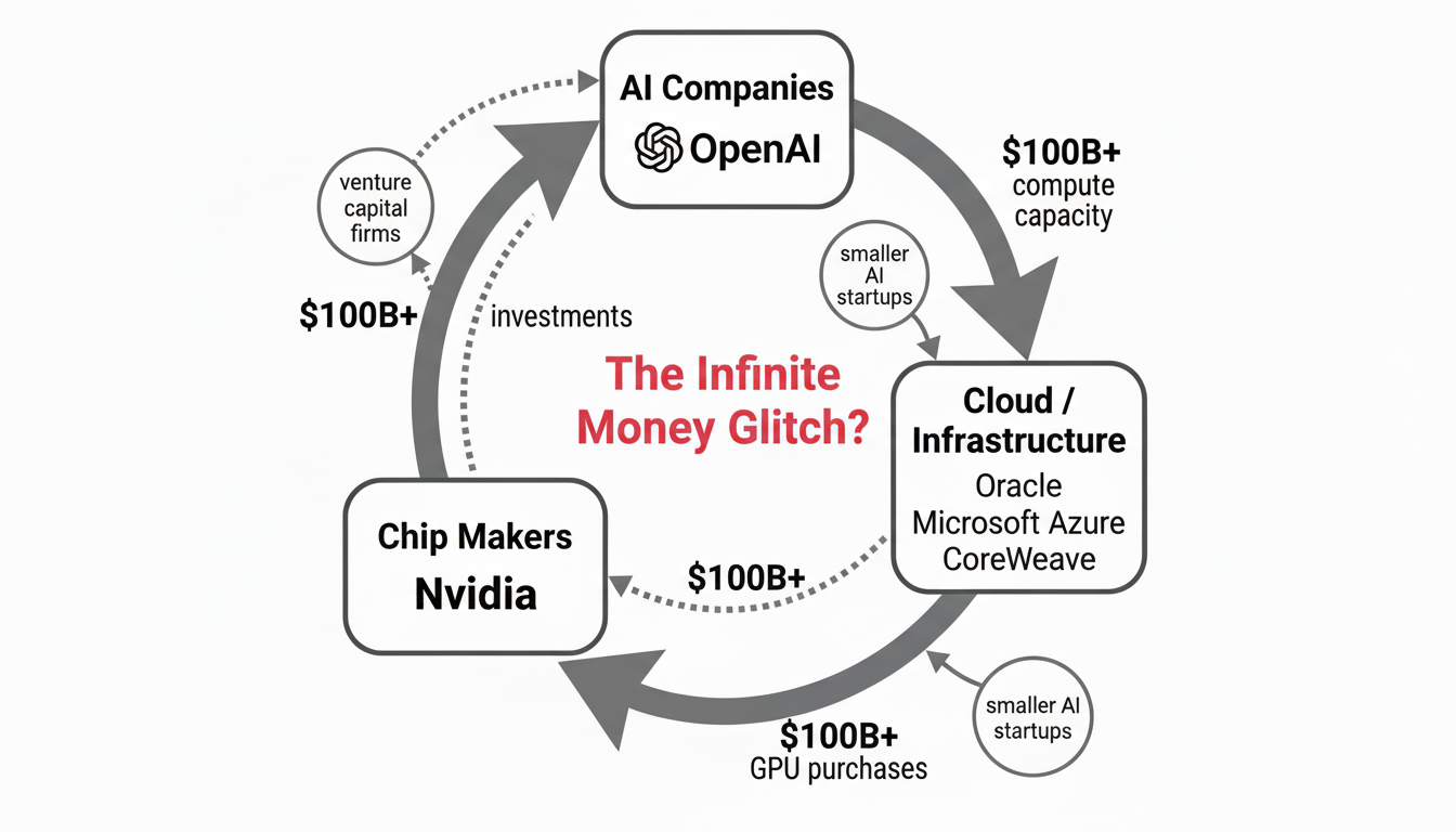 Circular financing diagram showing how money flows between AI companies, cloud infrastructure providers, and chip makers