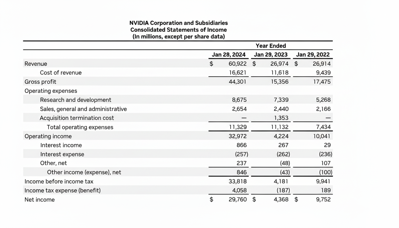 Nvidia Consolidated Statements of Income for fiscal years ending January 2024, 2023, and 2022