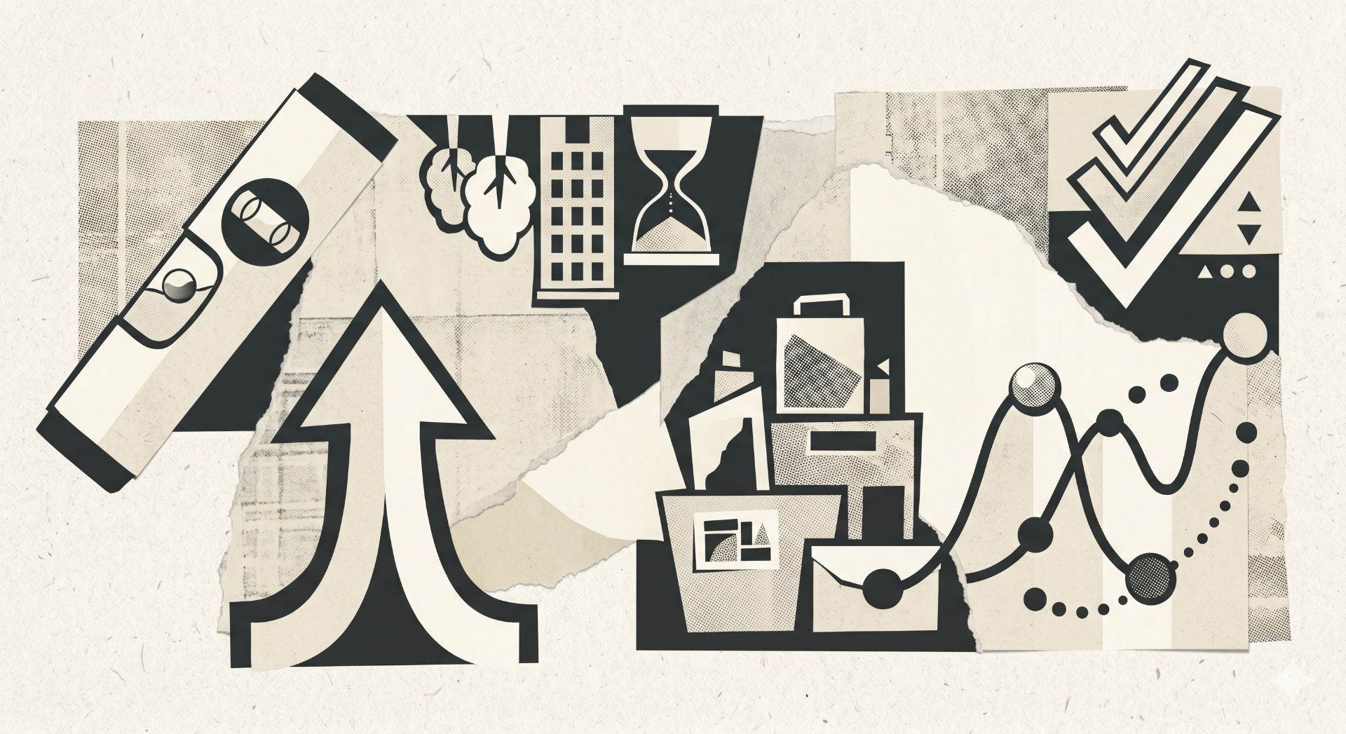 Collage illustration representing six common takes on strategy